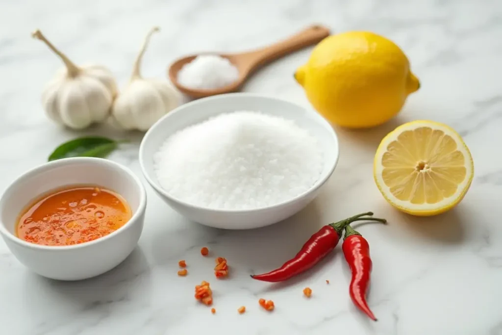 Crack sauce ingredients on a marble counter.