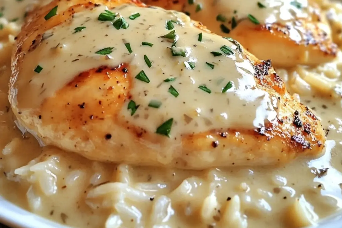 Creamy rice casserole with chicken and melted cheese.