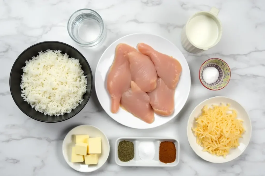 Ingredients for Forgotten Chicken recipe arranged on a marble countertop, including chicken fillets, rice, cream, spices, and cheese