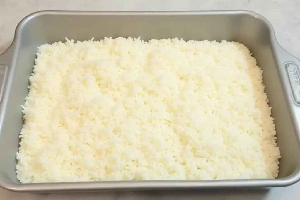 Rectangular baking dish with rice evenly spread at the bottom, ready for the Forgotten Chicken recipe.