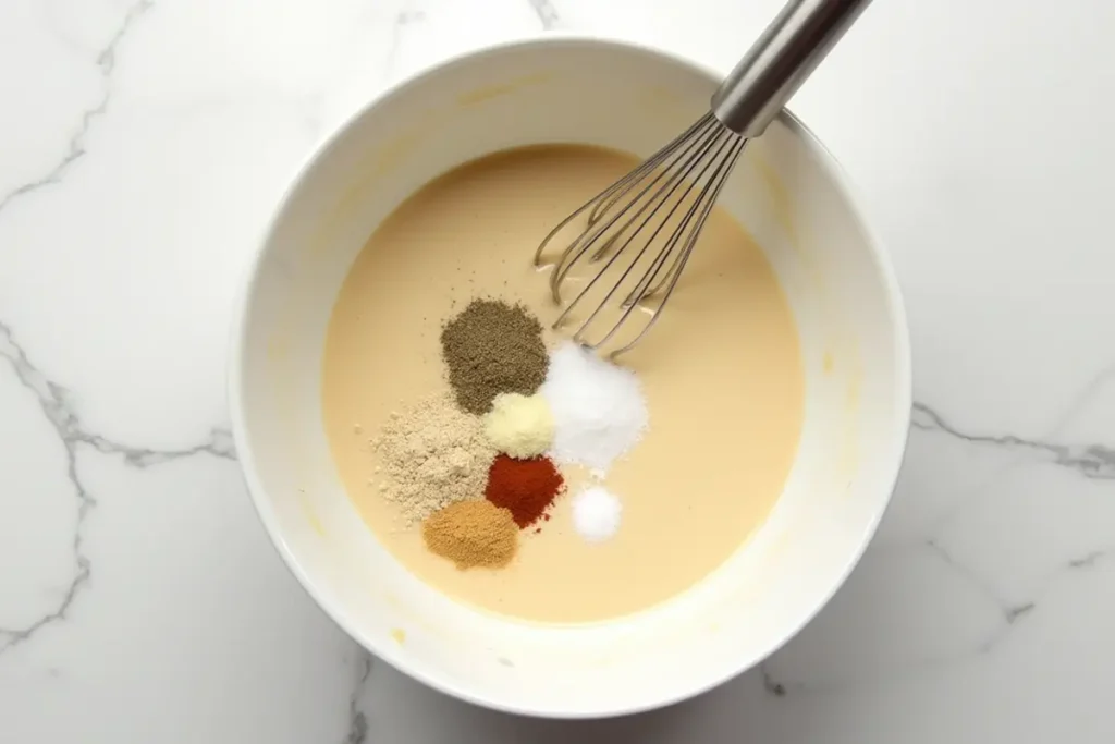 Large white mixing bowl on a marble countertop, filled with cream of chicken soup, chicken broth, and spices for Forgotten Chicken recipe