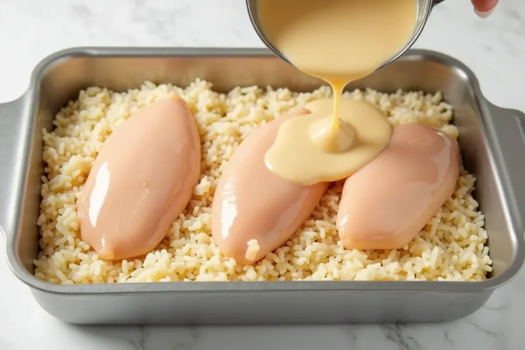 Baking dish with rice at the bottom, topped with chicken fillets and covered in prepared creamy mixture for Forgotten Chicken recipe.