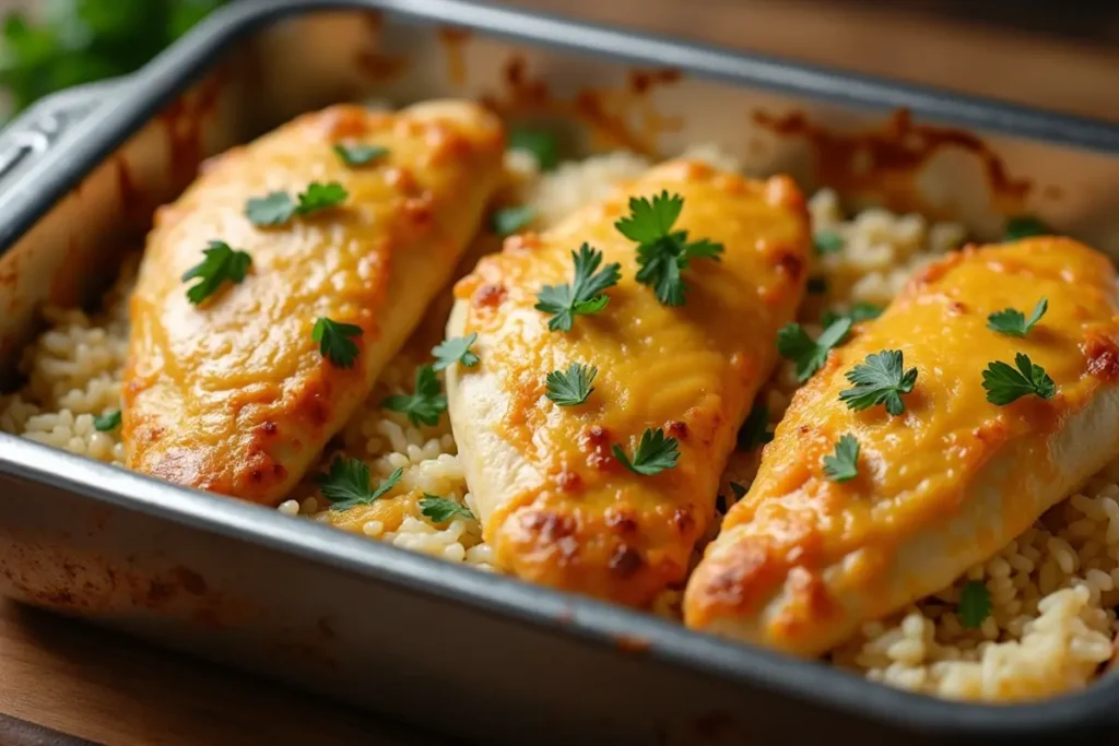 Finished Forgotten Chicken casserole fresh out of the oven, topped with chopped parsley.