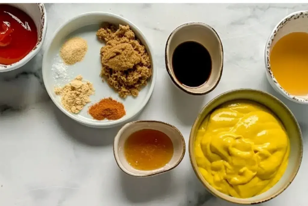 Key ingredients for Carolina Gold BBQ Sauce, including yellow mustard, honey, brown sugar, apple cider vinegar, ketchup, and spices, arranged on a wooden table