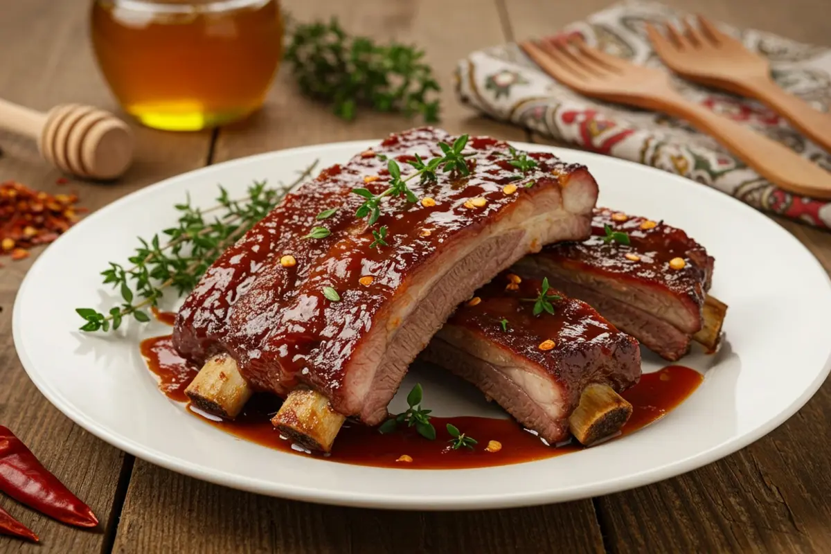 Juicy Country Style Beef Ribs with BBQ sauce and herbs.