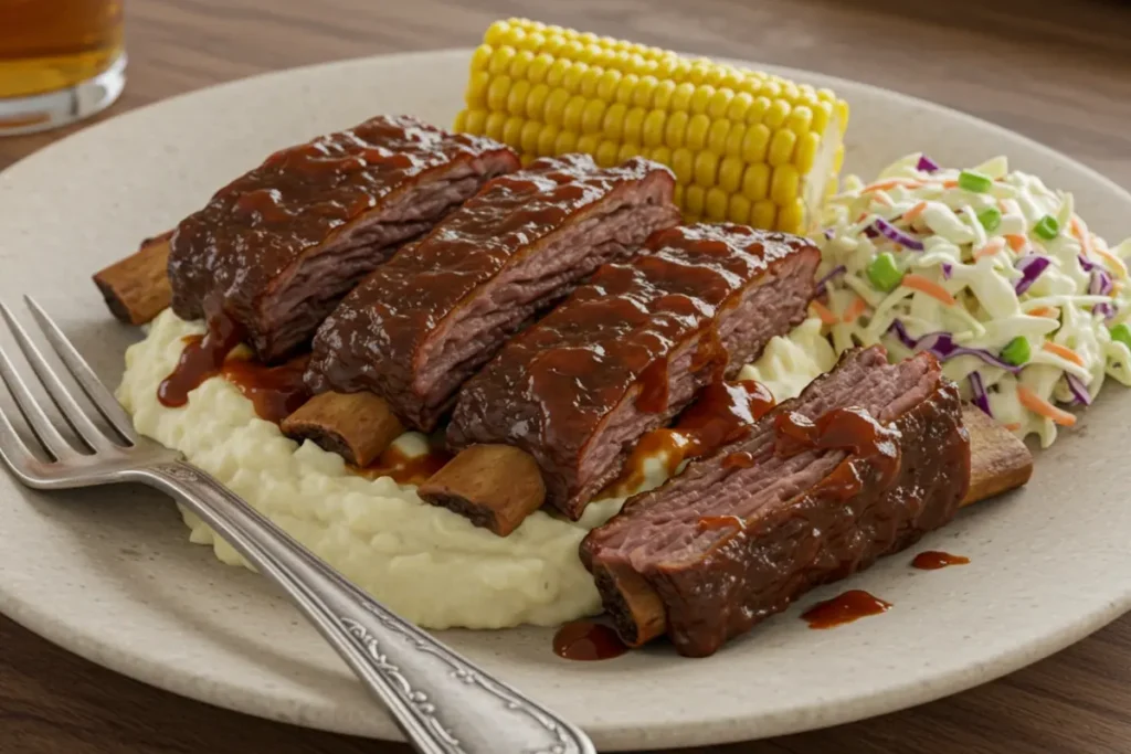 Braised country-style beef ribs with creamy mashed potatoes.