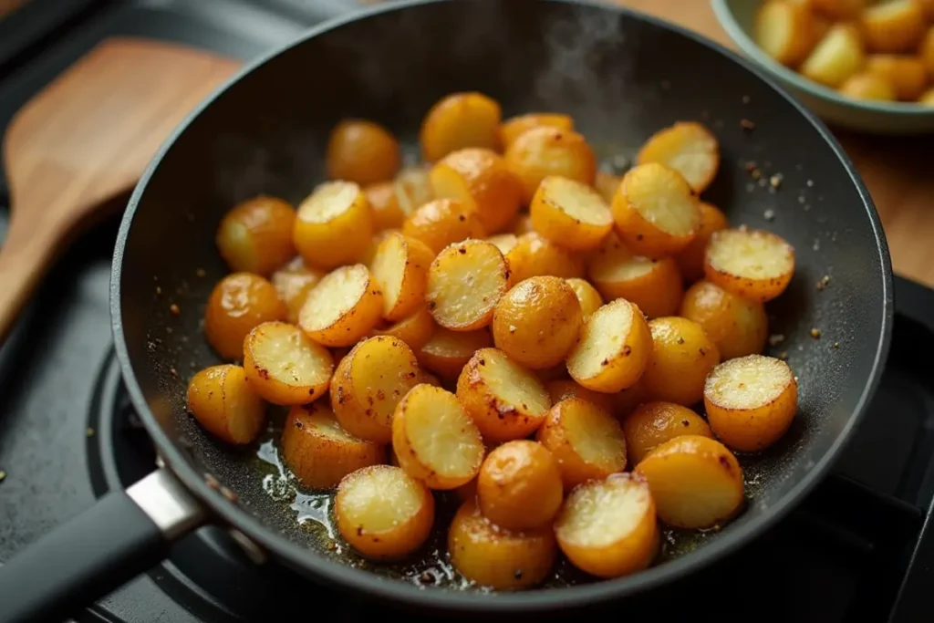 Preparing Garlic Butter Steak Bites and Potatoes in a pan