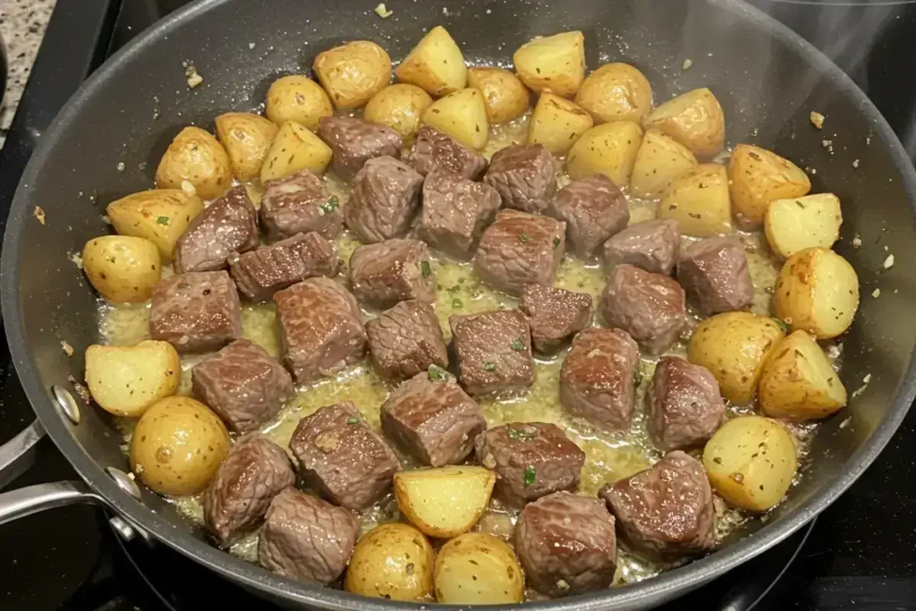 Garlic Butter Steak Bites and Potatoes sizzling in pan