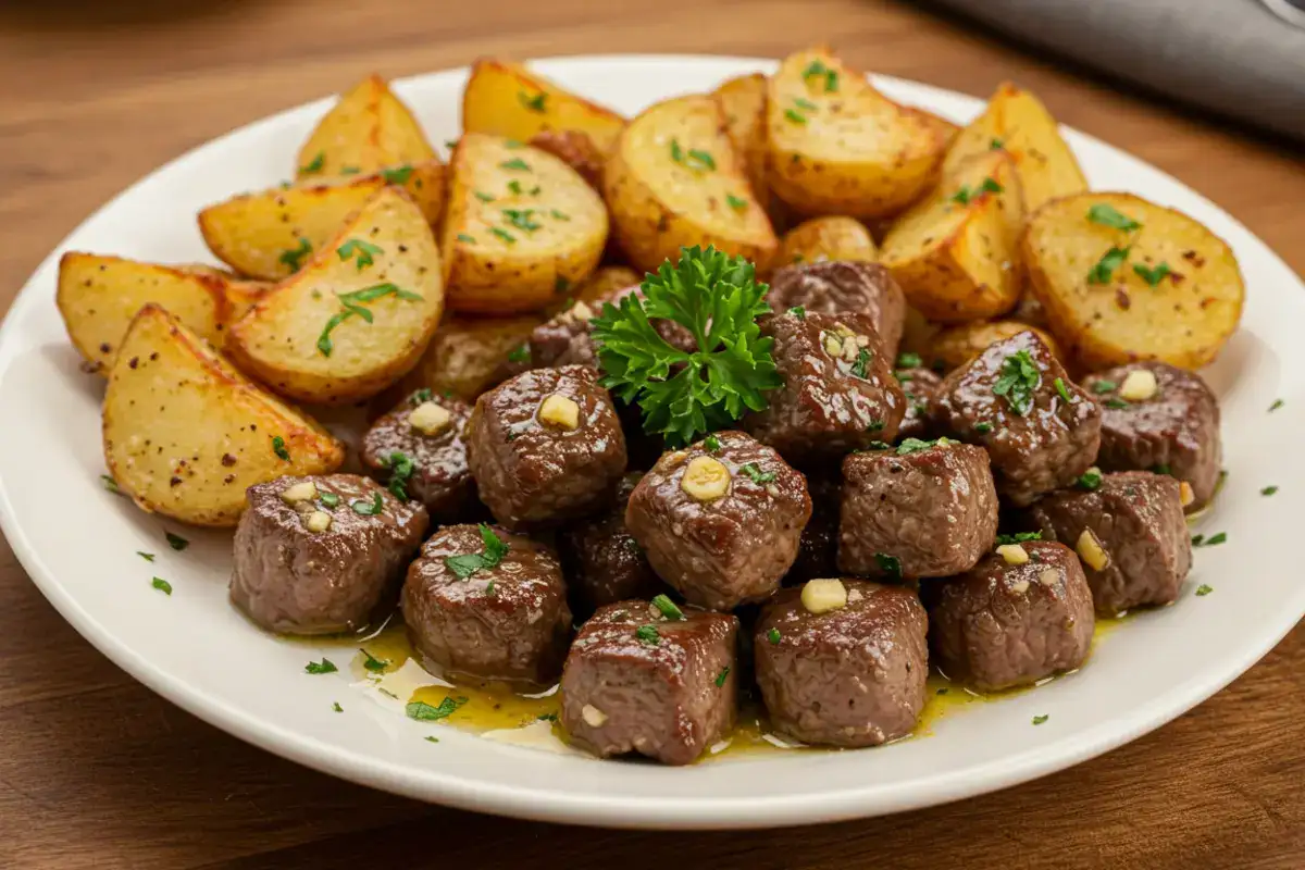 Garlic Butter Steak Bites and Potatoes served together