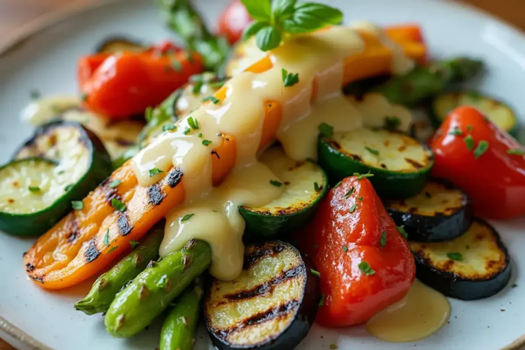 Grilled vegetables served with Lemon Beurre Blanc Sauce.