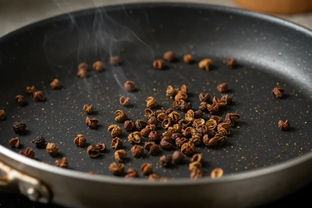 Grinding peppercorns for homemade Sichuan peppercorn sauce