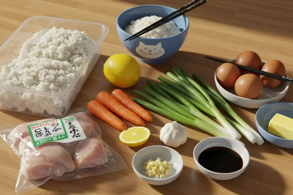 Key ingredients for Benihana Chicken Fried Rice recipe.