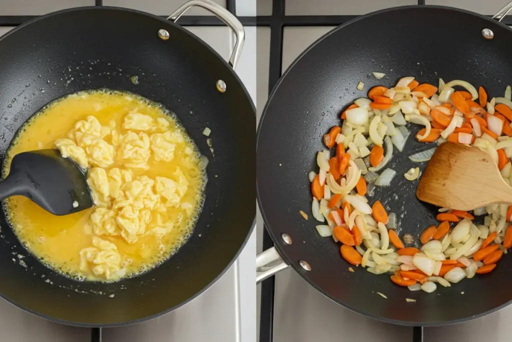 Preparing eggs and vegetables for fried rice.