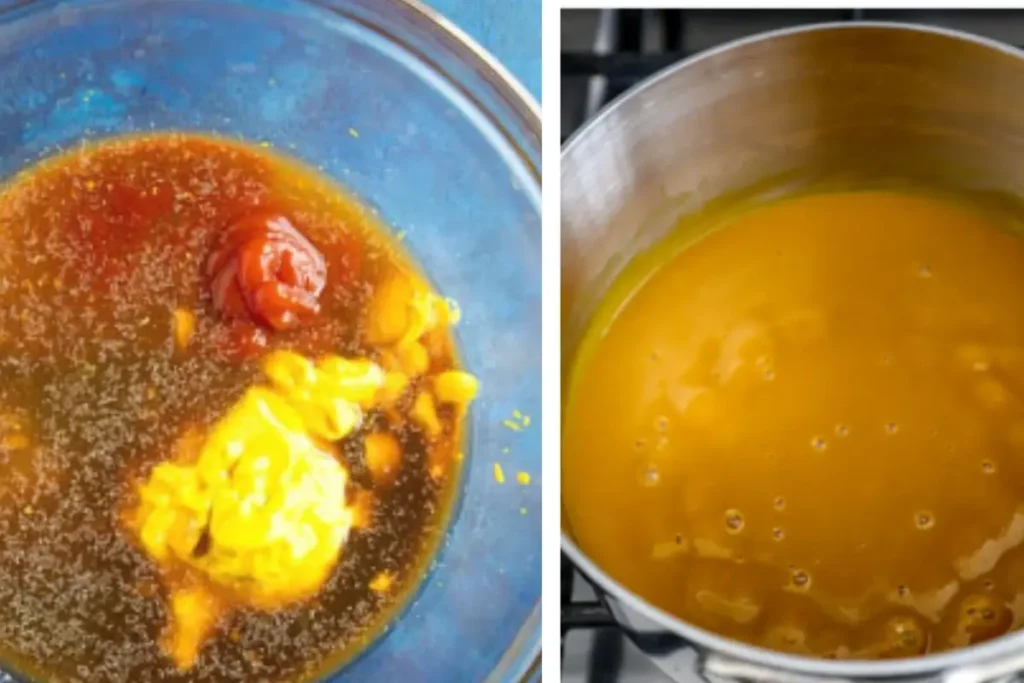 Step-by-step preparation of Carolina Gold BBQ Sauce, showing ingredients being whisked, simmered, cooled.