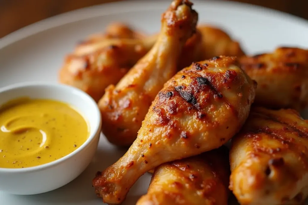 Grilled chicken thighs glazed with Carolina Gold BBQ Sauce, served on a wooden platter with a small bowl of sauce on the side