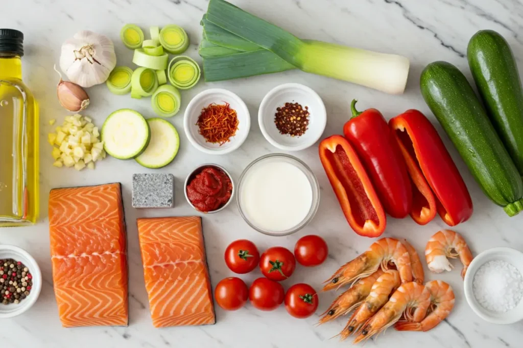 Fresh ingredients for a delicious salmon stew recipe​.