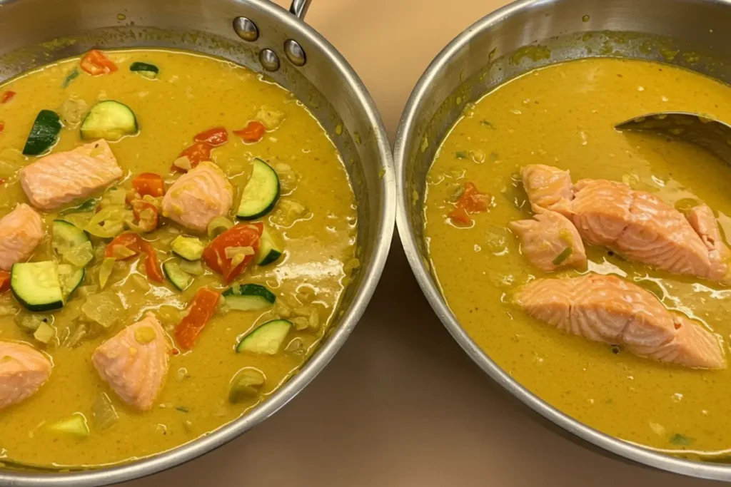 salmon stew recipe​:Sautéing garlic, leek, saffron, and chili flakes in a pot