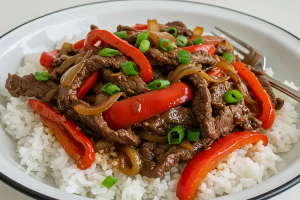 Rice with vegetables topped with Sichuan peppercorn sauce.