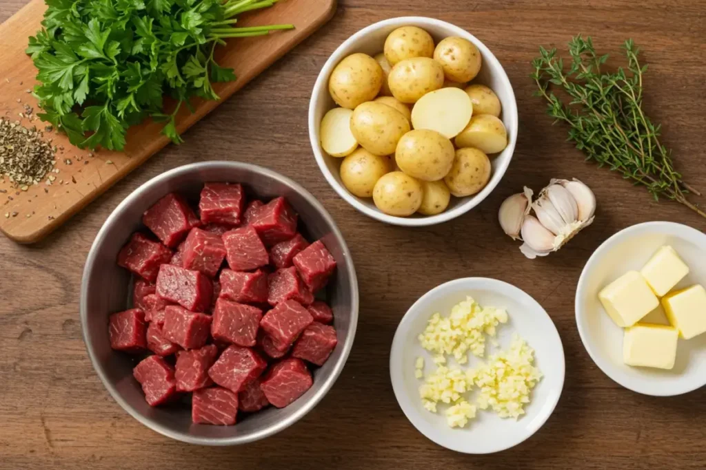 Garlic Butter Steak Bites and Potatoes: steak, butter, garlic, potatoes