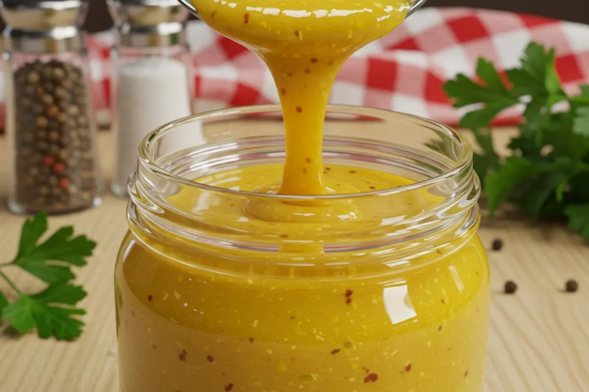 A glass jar filled with Carolina Gold BBQ Sauce, showcasing its vibrant golden color, placed on a rustic wooden table