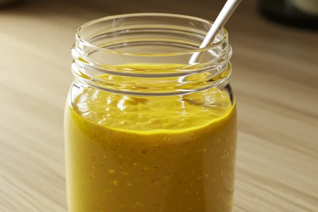 A jar of Carolina Gold BBQ Sauce with its rich golden color, sealed with a lid and placed on a wooden countertop