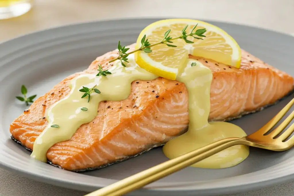 Salmon served with Lemon Beurre Blanc Sauce.