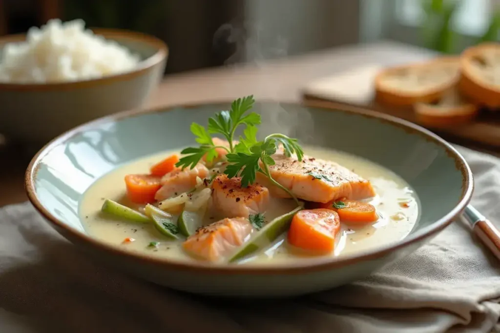 A bowl of creamy salmon stew recipe​ garnished with herbs