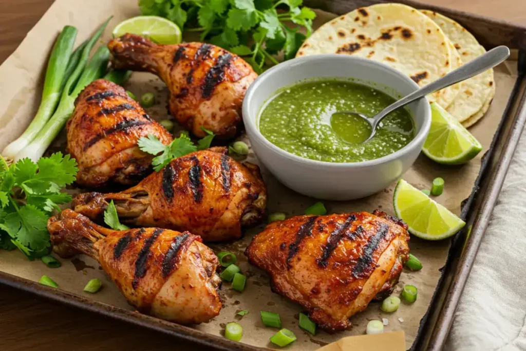 San Antonio grilled red pepper Mexican chicken marinade recipe with jalapeño salsa verde.