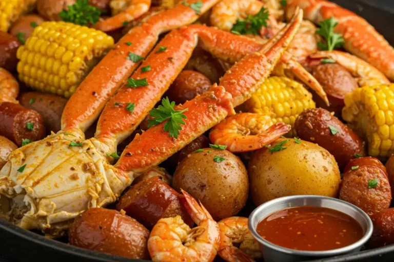 Delicious seafood boil bag with shrimp, crab, and corn.