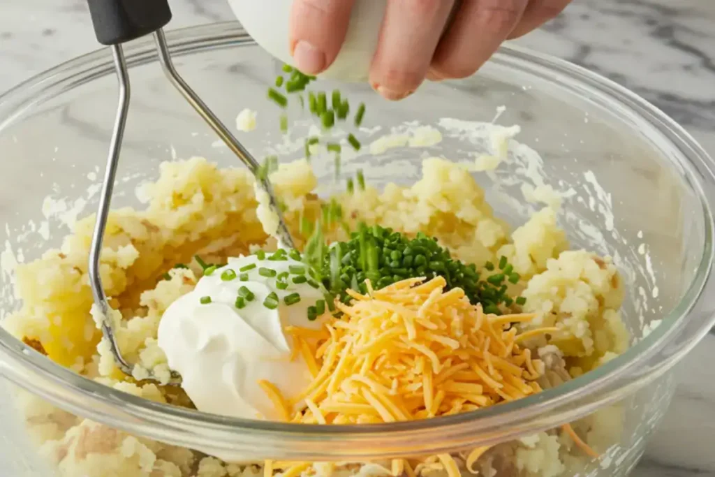 Mixing in ingredients for twice baked mashed potatoes